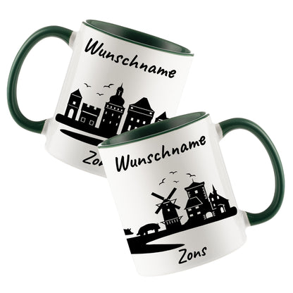 Tasse in Dunkelgrün 330ml bedruckt mit der Skyline von Zons (Dormagen) personalisierbar mit Wunschname