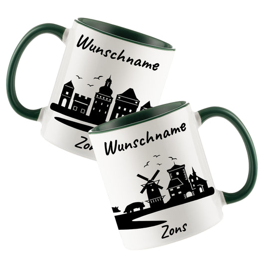 Tasse in Dunkelgrün 330ml bedruckt mit der Skyline von Zons (Dormagen) personalisierbar mit Wunschname
