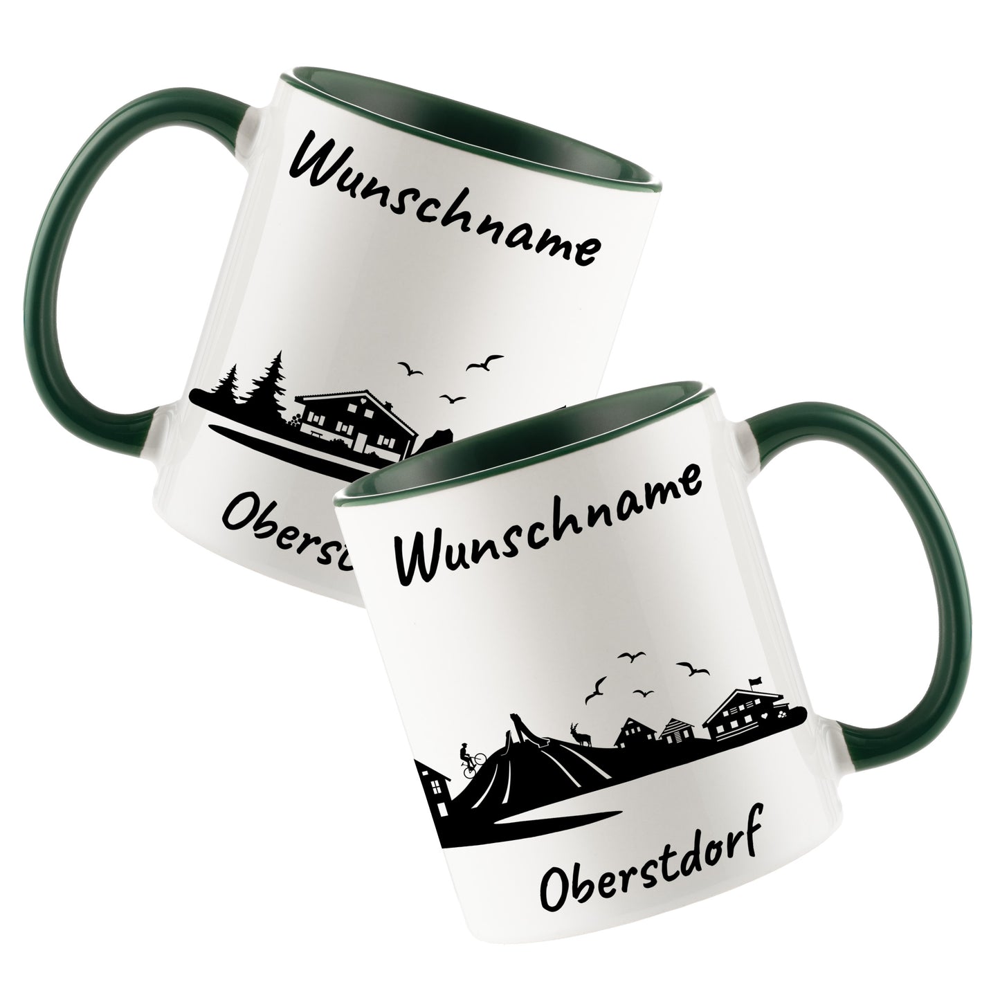 Tasse in Dunkelgrün 330ml bedruckt mit der Skyline von Oberstdorf personalisierbar mit Wunschname