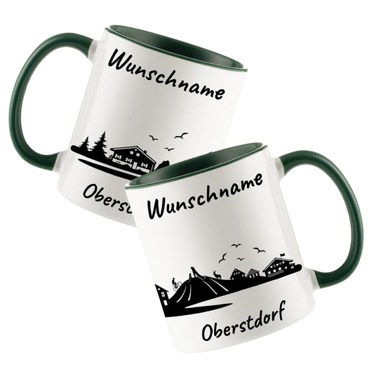 Tasse in Dunkelgrün 330ml bedruckt mit der Skyline von Oberstdorf personalisierbar mit Wunschname