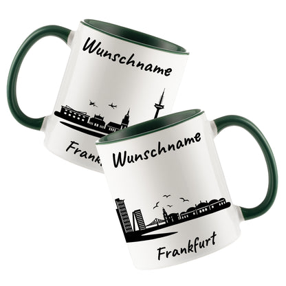 Tasse in Dunkelgrün 330ml bedruckt mit der Skyline von Frankfurt personalisierbar mit Wunschname