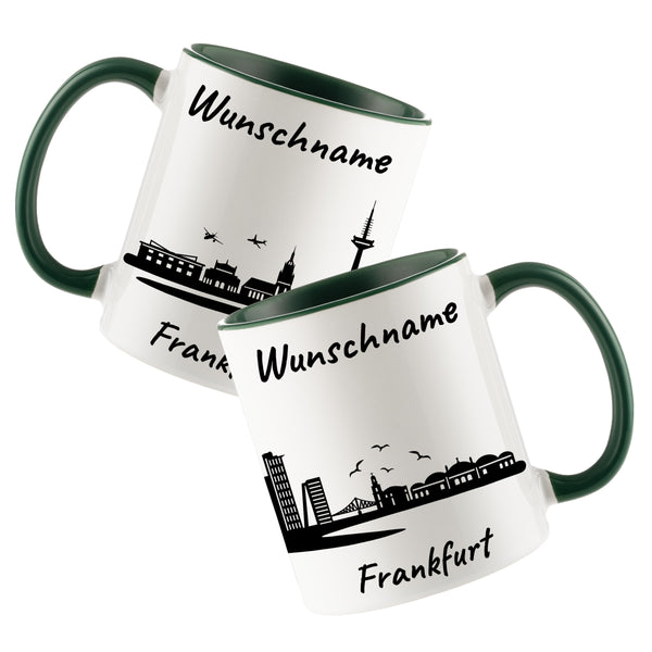 Tasse in Dunkelgrün 330ml bedruckt mit der Skyline von Frankfurt personalisierbar mit Wunschname