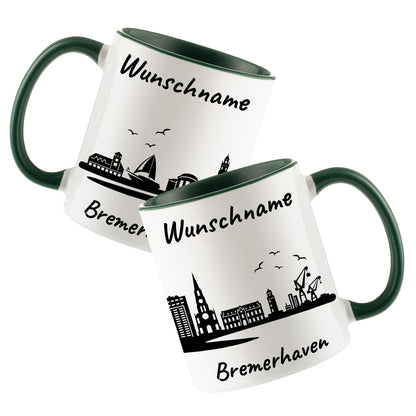 Tasse in Dunkelgrün 330ml bedruckt mit der Skyline von Bremerhaven personalisierbar mit Wunschname