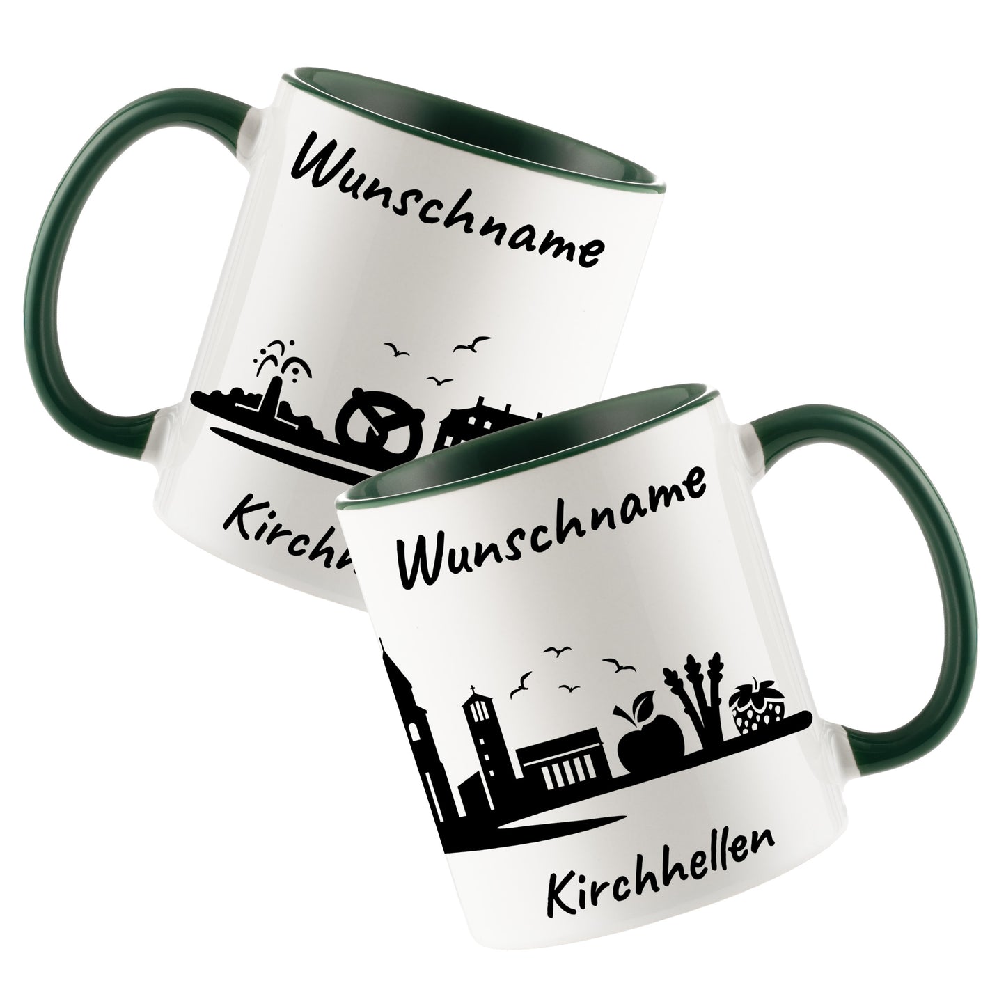 Tasse in Dunkelgrün 330ml bedruckt mit der Skyline von Kirchhellen personalisierbar mit Wunschname