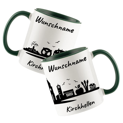 Tasse in Dunkelgrün 330ml bedruckt mit der Skyline von Kirchhellen personalisierbar mit Wunschname