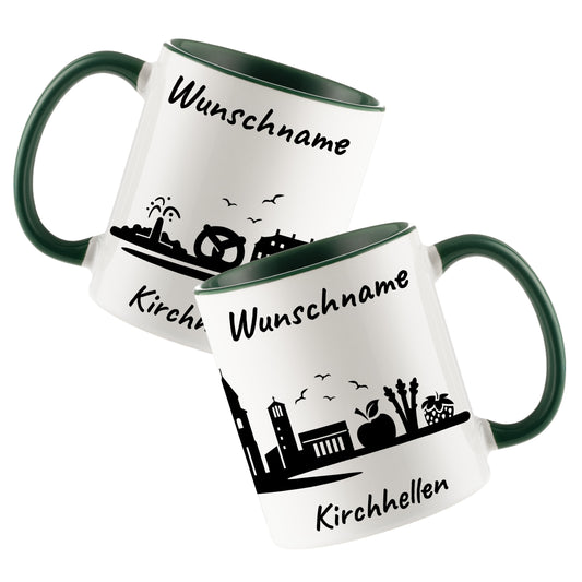 Tasse in Dunkelgrün 330ml bedruckt mit der Skyline von Kirchhellen personalisierbar mit Wunschname