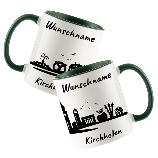 Tasse in Dunkelgrün 330ml bedruckt mit der Skyline von Kirchhellen personalisierbar mit Wunschname