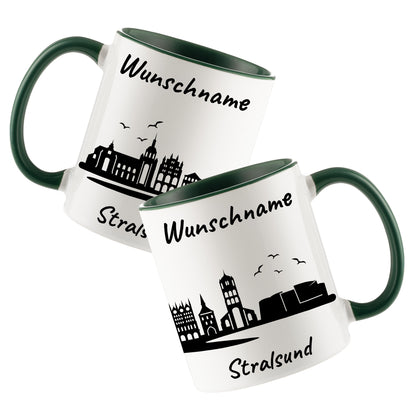 Tasse in Dunkelgrün 330ml bedruckt mit der Skyline von Stralsund personalisierbar mit Wunschname