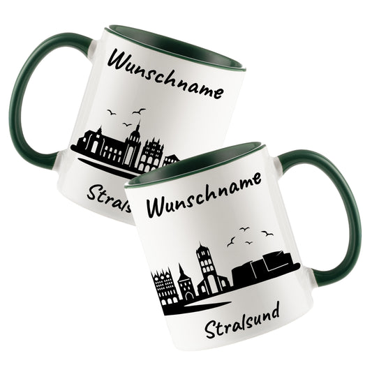 Tasse in Dunkelgrün 330ml bedruckt mit der Skyline von Stralsund personalisierbar mit Wunschname