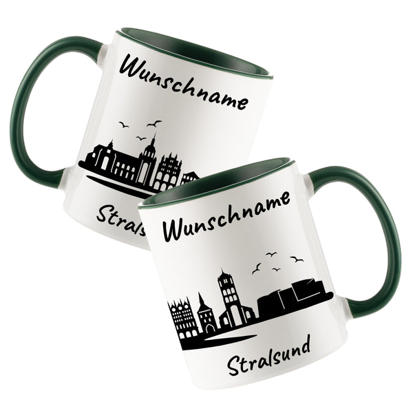 Tasse in Dunkelgrün 330ml bedruckt mit der Skyline von Stralsund personalisierbar mit Wunschname