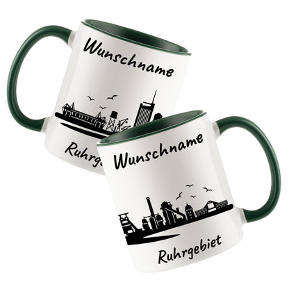 Tasse in Dunkelgrün 330ml bedruckt mit der Skyline von Ruhrgebiet personalisierbar mit Wunschname