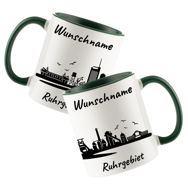 Tasse in Dunkelgrün 330ml bedruckt mit der Skyline von Ruhrgebiet personalisierbar mit Wunschname