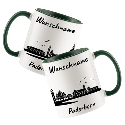 Tasse in Dunkelgrün 330ml bedruckt mit der Skyline von Paderborn personalisierbar mit Wunschname