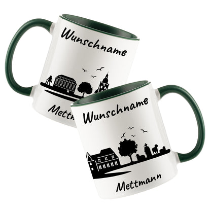 Tasse in Dunkelgrün 330ml bedruckt mit der Skyline von Mettmann personalisierbar mit Wunschname