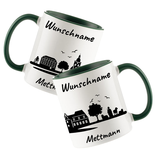 Tasse in Dunkelgrün 330ml bedruckt mit der Skyline von Mettmann personalisierbar mit Wunschname