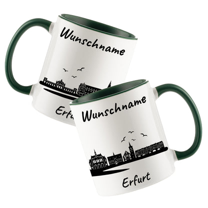 Tasse in Dunkelgrün 330ml bedruckt mit der Skyline von Erfurt personalisierbar mit Wunschname