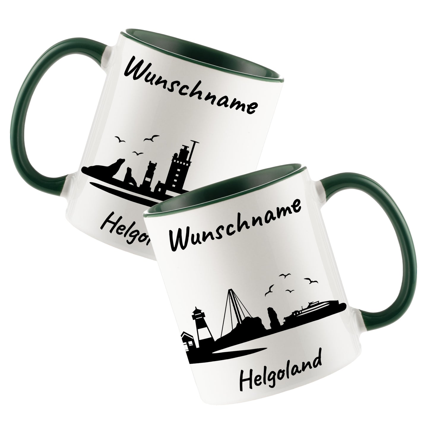 Tasse in Dunkelgrün 330ml bedruckt mit der Skyline von Helgoland personalisierbar mit Wunschname