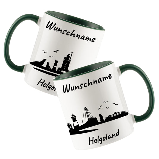 Tasse in Dunkelgrün 330ml bedruckt mit der Skyline von Helgoland personalisierbar mit Wunschname
