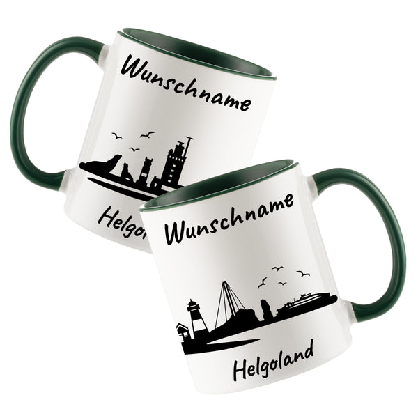 Tasse in Dunkelgrün 330ml bedruckt mit der Skyline von Helgoland personalisierbar mit Wunschname