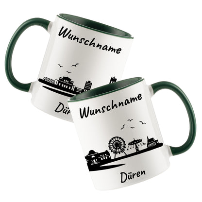 Tasse in Dunkelgrün 330ml bedruckt mit der Skyline von Düren personalisierbar mit Wunschname