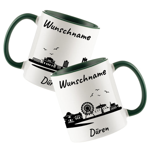 Tasse in Dunkelgrün 330ml bedruckt mit der Skyline von Düren personalisierbar mit Wunschname