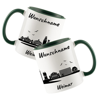 Tasse in Dunkelgrün 330ml bedruckt mit der Skyline von Weimar personalisierbar mit Wunschname