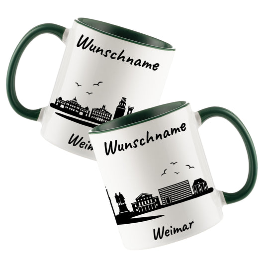 Tasse in Dunkelgrün 330ml bedruckt mit der Skyline von Weimar personalisierbar mit Wunschname