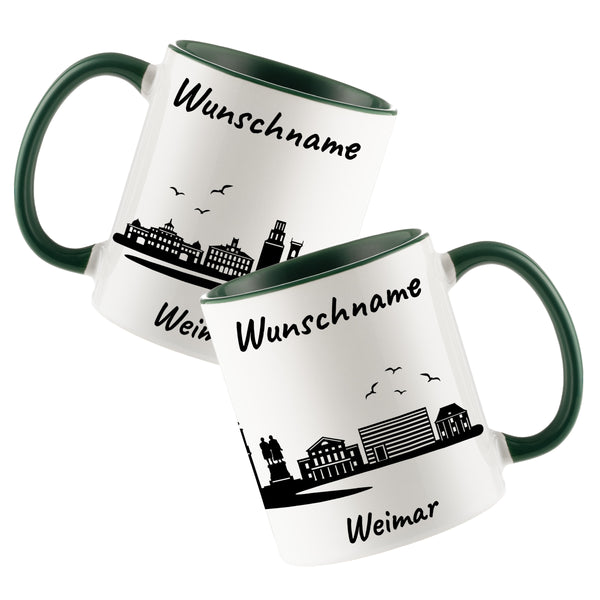 Tasse in Dunkelgrün 330ml bedruckt mit der Skyline von Weimar personalisierbar mit Wunschname
