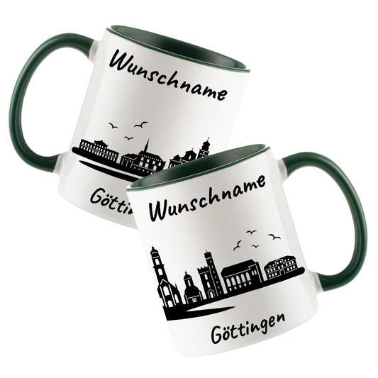 Tasse in Dunkelgrün 330ml bedruckt mit der Skyline von Göttingen personalisierbar mit Wunschname