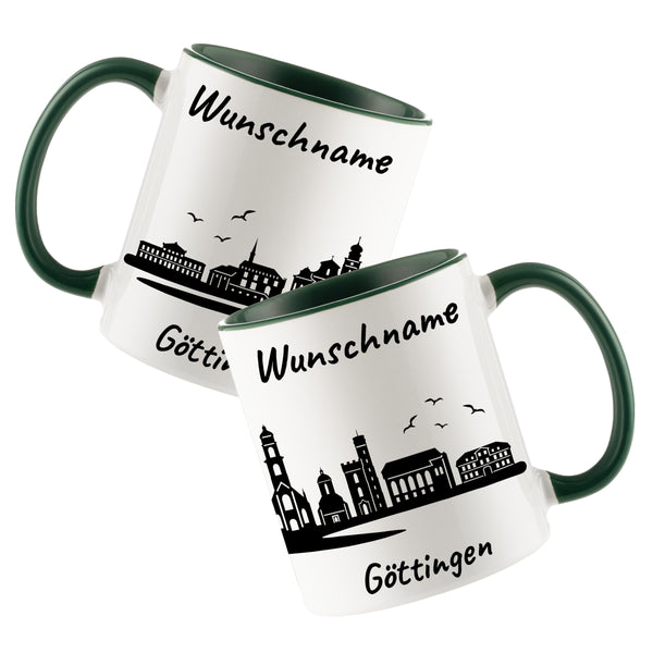 Tasse in Dunkelgrün 330ml bedruckt mit der Skyline von Göttingen personalisierbar mit Wunschname