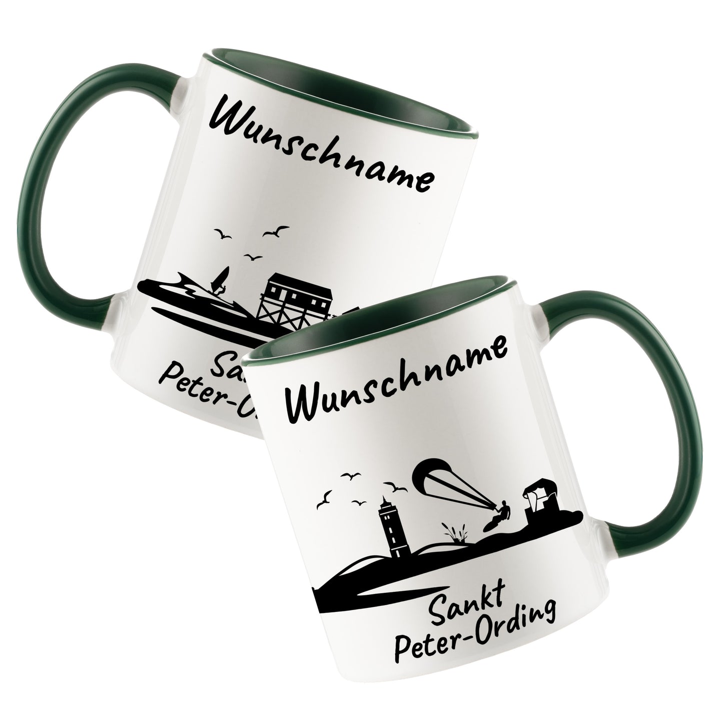 Tasse in Dunkelgrün 330ml bedruckt mit der Skyline von Sankt Peter-Ording personalisierbar mit Wunschname