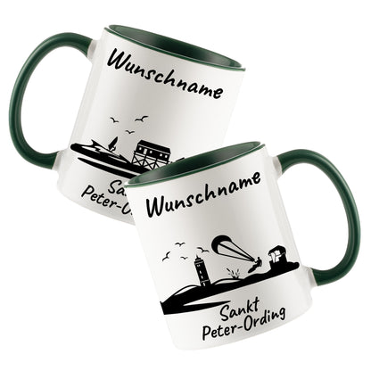 Tasse in Dunkelgrün 330ml bedruckt mit der Skyline von Sankt Peter-Ording personalisierbar mit Wunschname