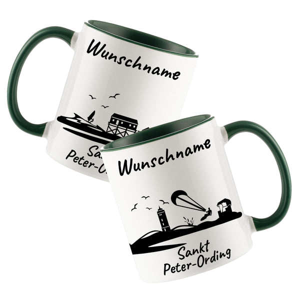 Tasse in Dunkelgrün 330ml bedruckt mit der Skyline von Sankt Peter-Ording personalisierbar mit Wunschname