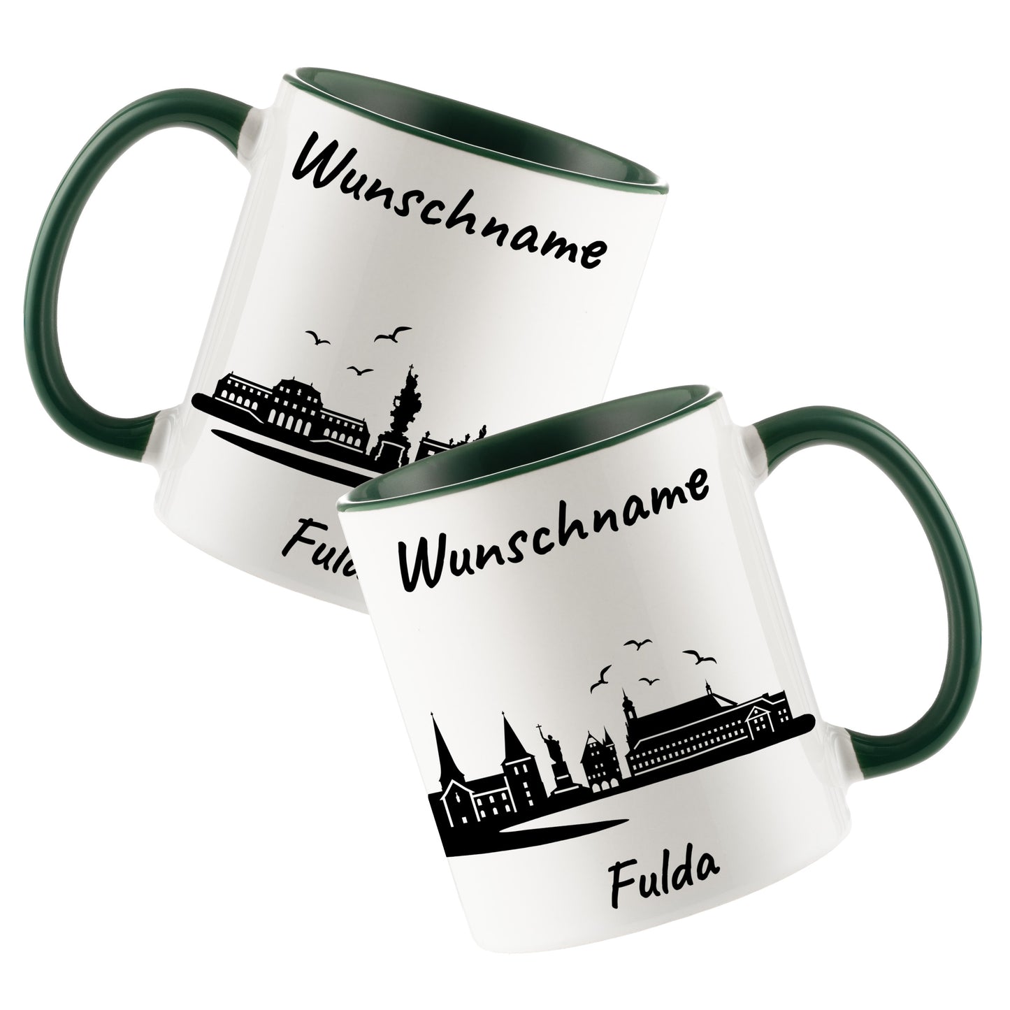 Tasse in Dunkelgrün 330ml bedruckt mit der Skyline von Fulda personalisierbar mit Wunschname