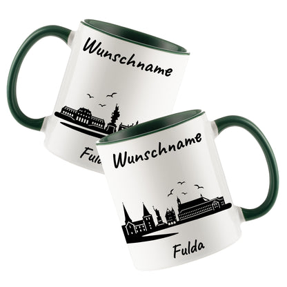 Tasse in Dunkelgrün 330ml bedruckt mit der Skyline von Fulda personalisierbar mit Wunschname