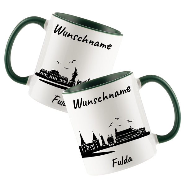 Tasse in Dunkelgrün 330ml bedruckt mit der Skyline von Fulda personalisierbar mit Wunschname