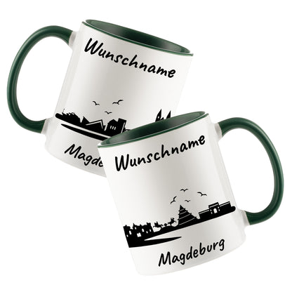 Tasse in Dunkelgrün 330ml bedruckt mit der Skyline von Magdeburg personalisierbar mit Wunschname