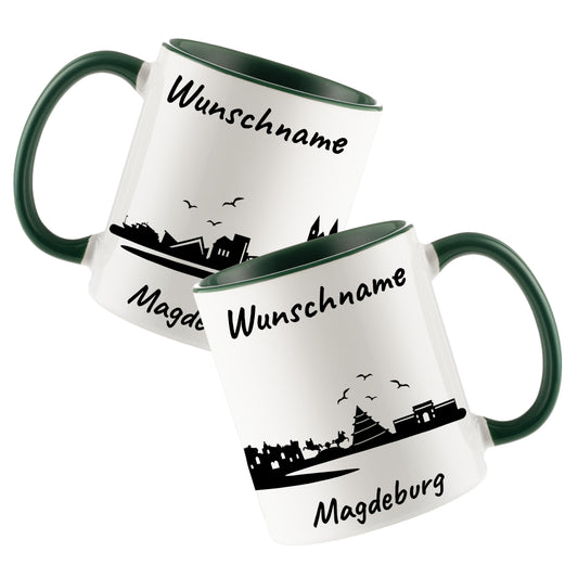 Tasse in Dunkelgrün 330ml bedruckt mit der Skyline von Magdeburg personalisierbar mit Wunschname