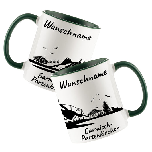 Tasse in Dunkelgrün 330ml bedruckt mit der Skyline von Garmisch-Partenkirchen personalisierbar mit Wunschname