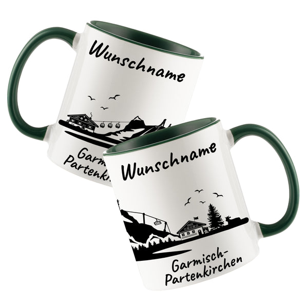 Tasse in Dunkelgrün 330ml bedruckt mit der Skyline von Garmisch-Partenkirchen personalisierbar mit Wunschname
