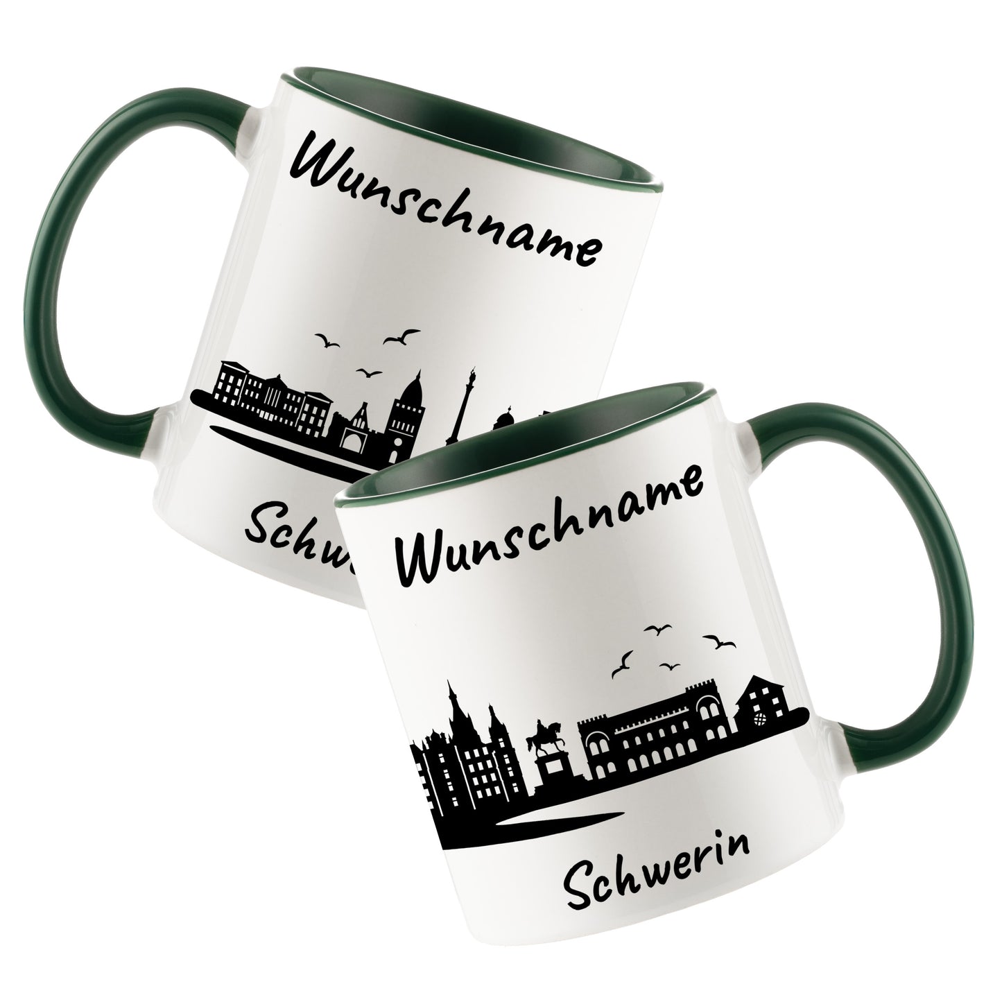 Tasse in Dunkelgrün 330ml bedruckt mit der Skyline von Schwerin personalisierbar mit Wunschname