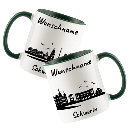 Tasse in Dunkelgrün 330ml bedruckt mit der Skyline von Schwerin personalisierbar mit Wunschname