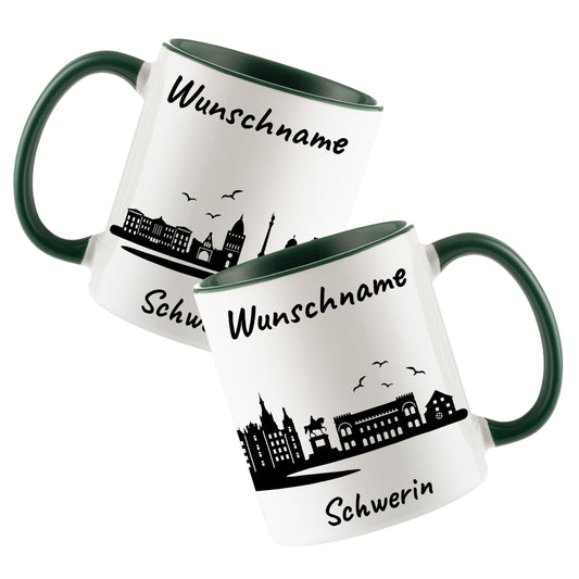 Tasse in Dunkelgrün 330ml bedruckt mit der Skyline von Schwerin personalisierbar mit Wunschname