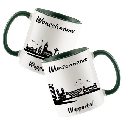 Tasse in Dunkelgrün 330ml bedruckt mit der Skyline von Wuppertal personalisierbar mit Wunschname