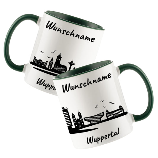 Tasse in Dunkelgrün 330ml bedruckt mit der Skyline von Wuppertal personalisierbar mit Wunschname