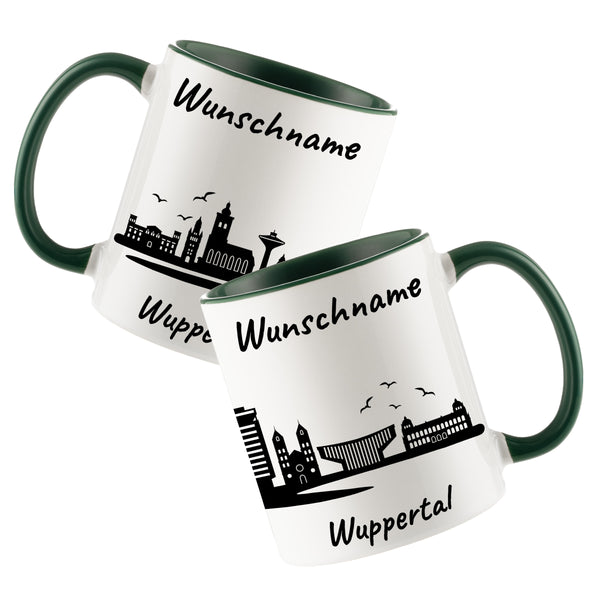 Tasse in Dunkelgrün 330ml bedruckt mit der Skyline von Wuppertal personalisierbar mit Wunschname