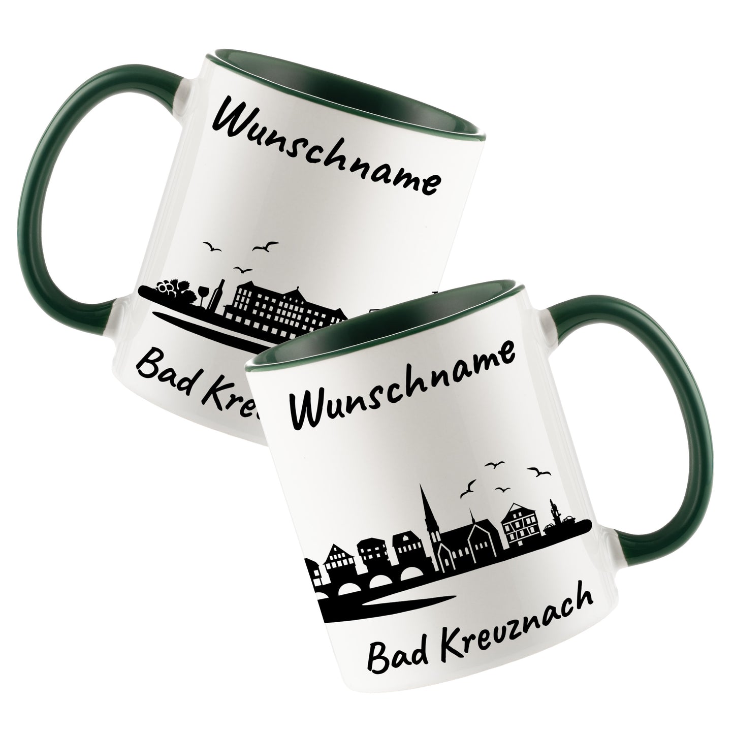 Tasse in Dunkelgrün 330ml bedruckt mit der Skyline von Bad Kreuznach personalisierbar mit Wunschname