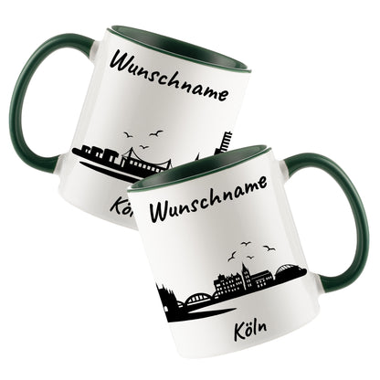 Tasse in Dunkelgrün 330ml bedruckt mit der Skyline von Köln personalisierbar mit Wunschname
