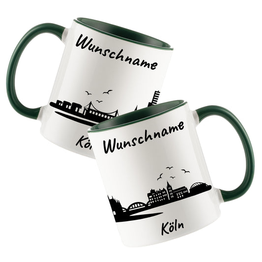 Tasse in Dunkelgrün 330ml bedruckt mit der Skyline von Köln personalisierbar mit Wunschname