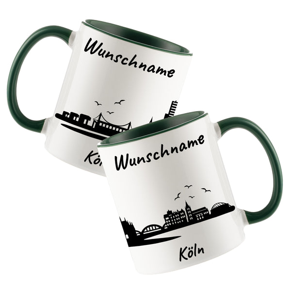 Tasse in Dunkelgrün 330ml bedruckt mit der Skyline von Köln personalisierbar mit Wunschname